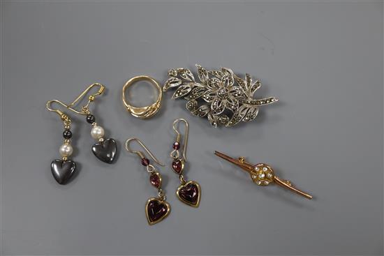 A modern 14k and two row diamond set dress ring, two pairs of costume earrings and a marcasite brooch.